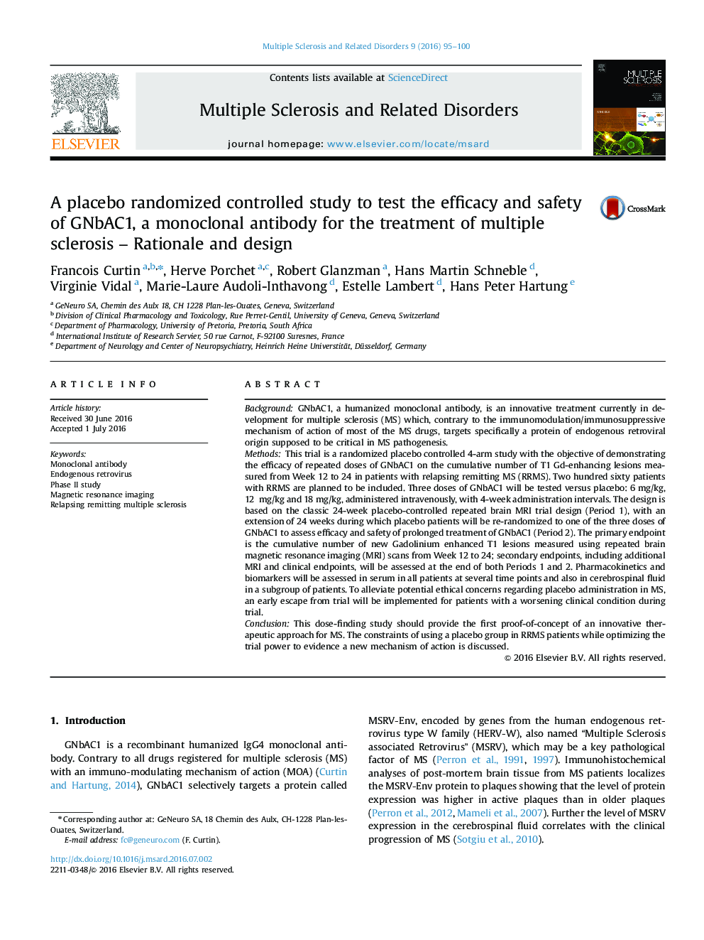 A placebo randomized controlled study to test the efficacy and safety of GNbAC1, a monoclonal antibody for the treatment of multiple sclerosis - Rationale and design