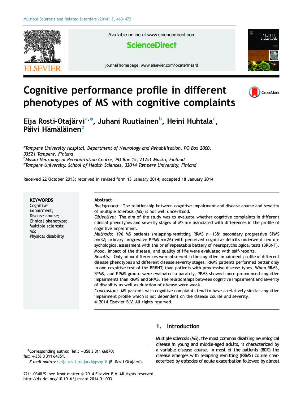 Cognitive performance profile in different phenotypes of MS with cognitive complaints