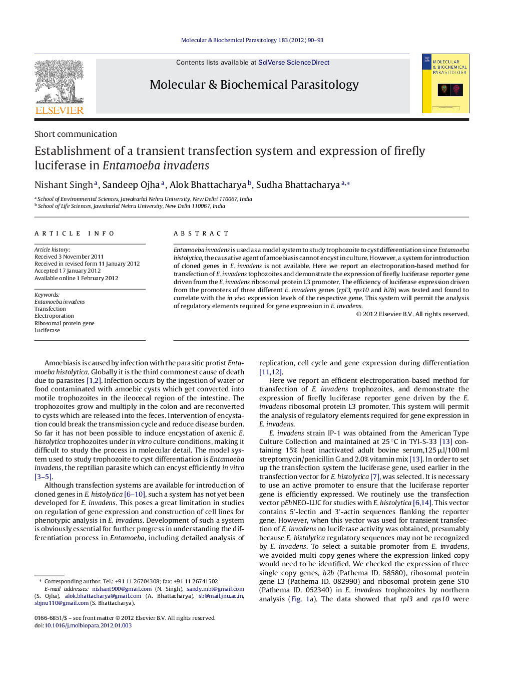 Establishment of a transient transfection system and expression of firefly luciferase in Entamoeba invadens