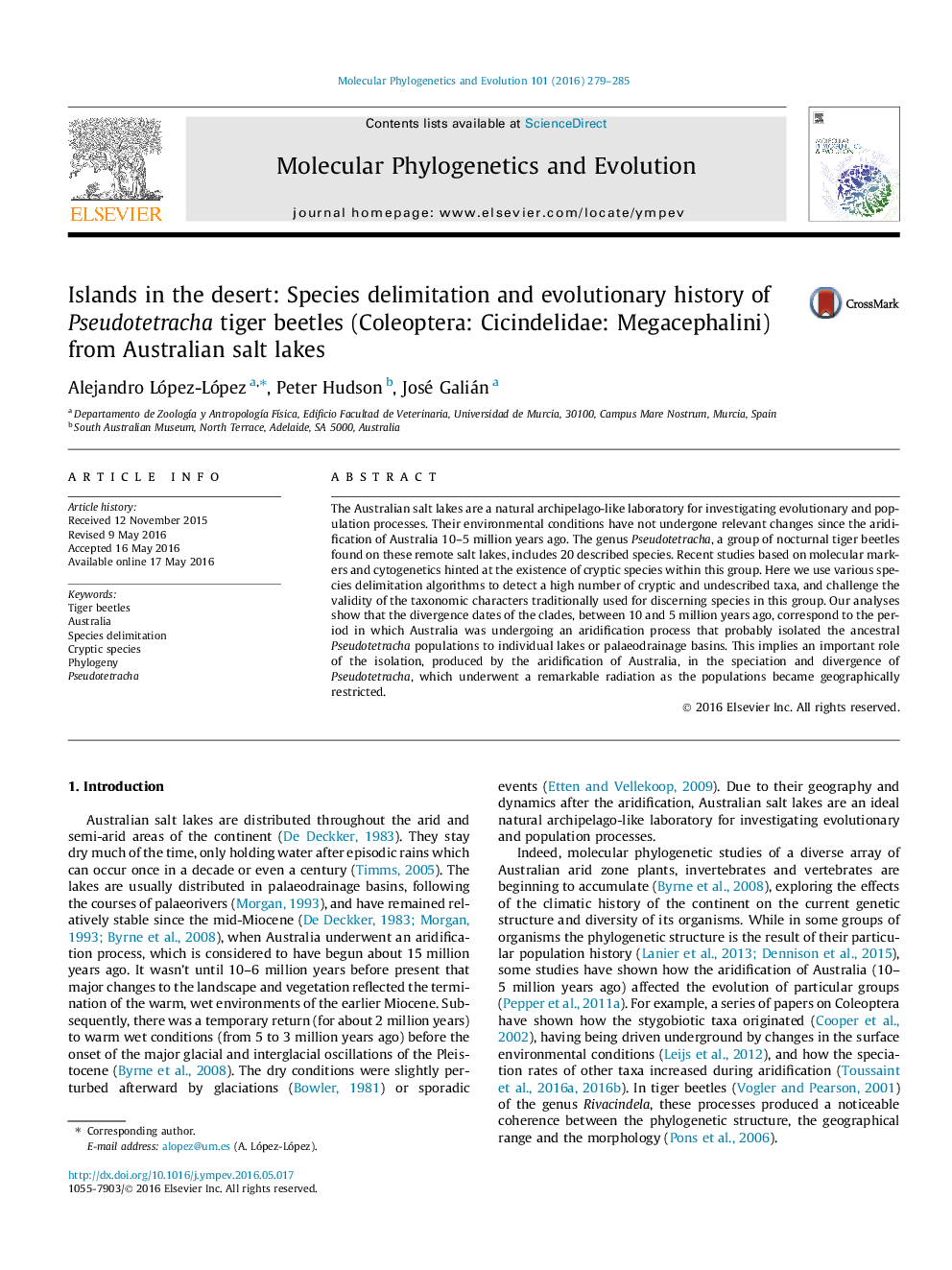 Islands in the desert: Species delimitation and evolutionary history of Pseudotetracha tiger beetles (Coleoptera: Cicindelidae: Megacephalini) from Australian salt lakes