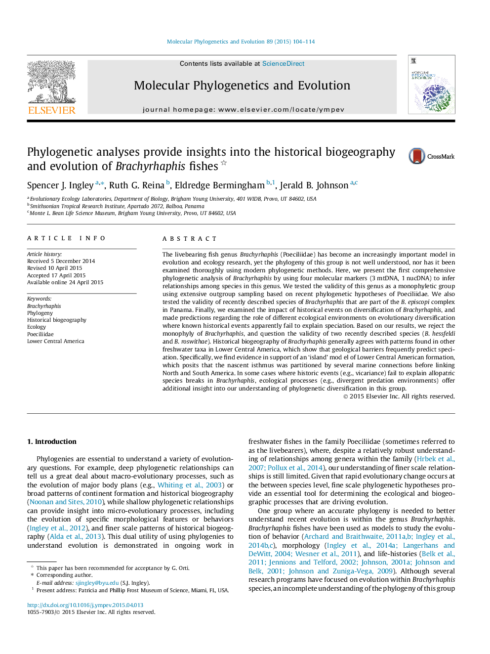 Phylogenetic analyses provide insights into the historical biogeography and evolution of Brachyrhaphis fishes