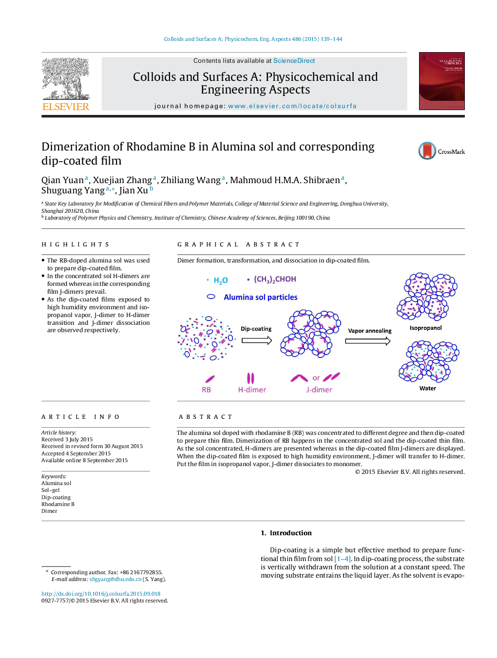 Dimerization of Rhodamine B in Alumina sol and corresponding dip-coated film