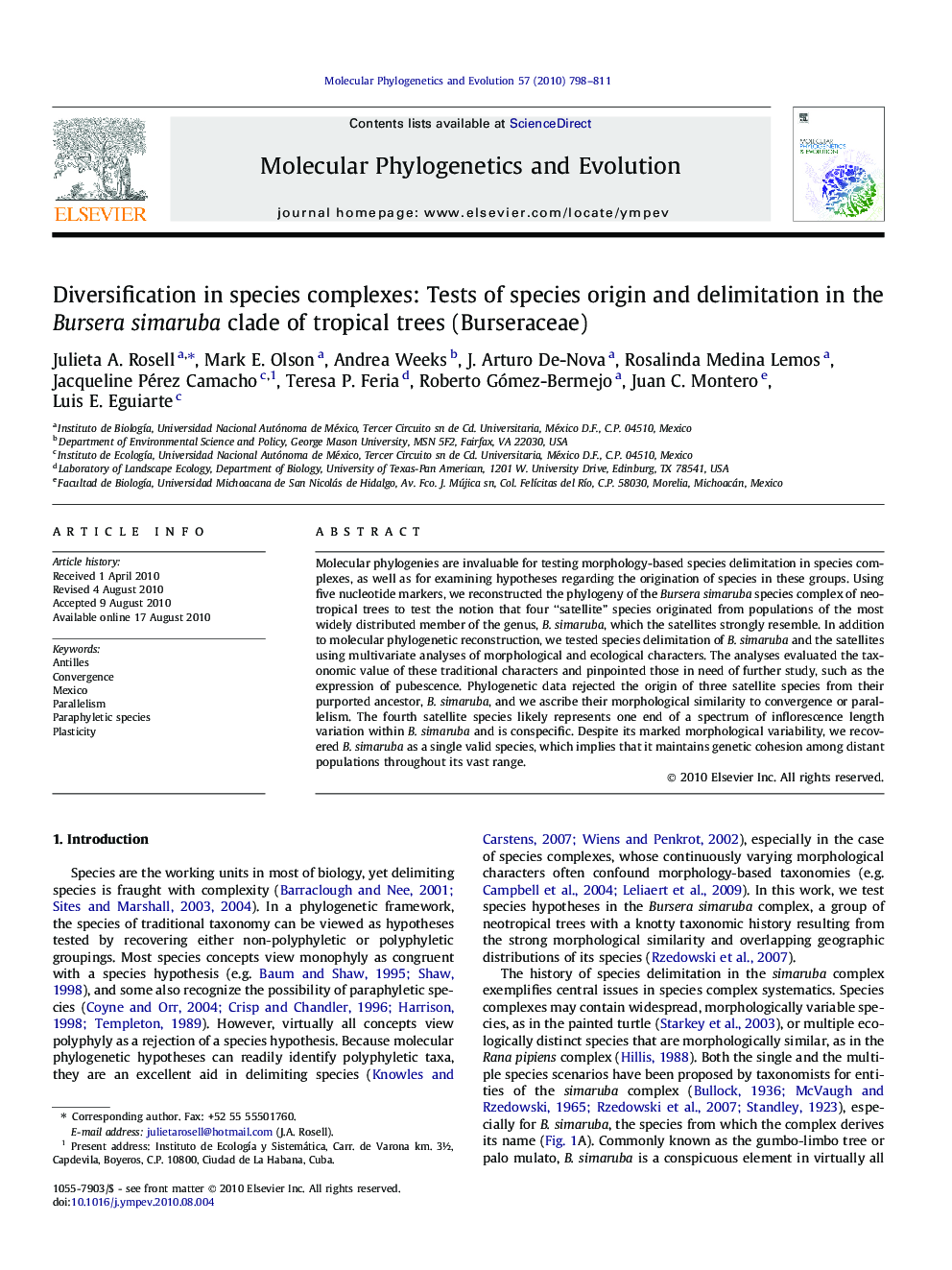 Diversification in species complexes: Tests of species origin and delimitation in the Bursera simaruba clade of tropical trees (Burseraceae)