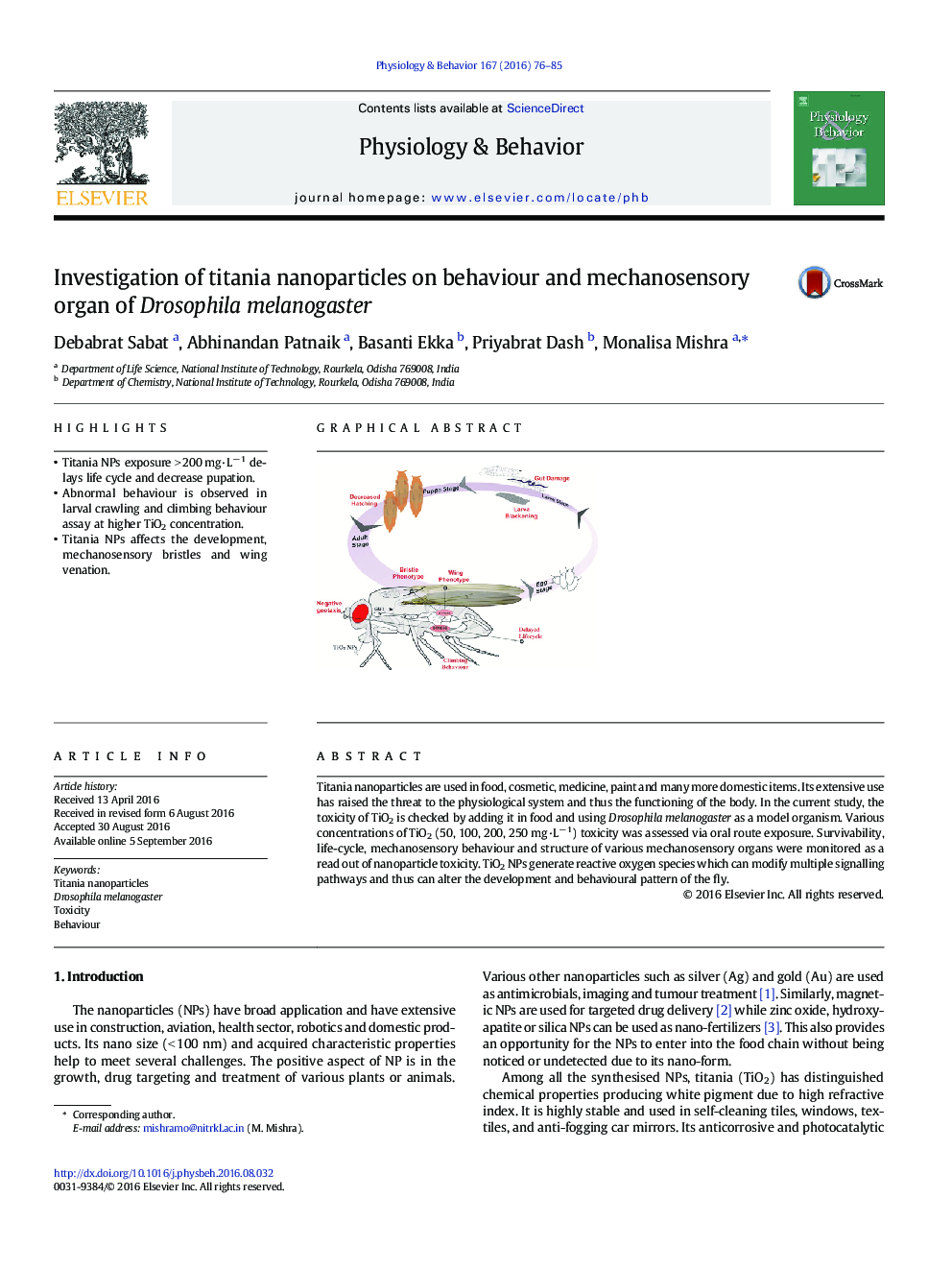 Investigation of titania nanoparticles on behaviour and mechanosensory organ of Drosophila melanogaster