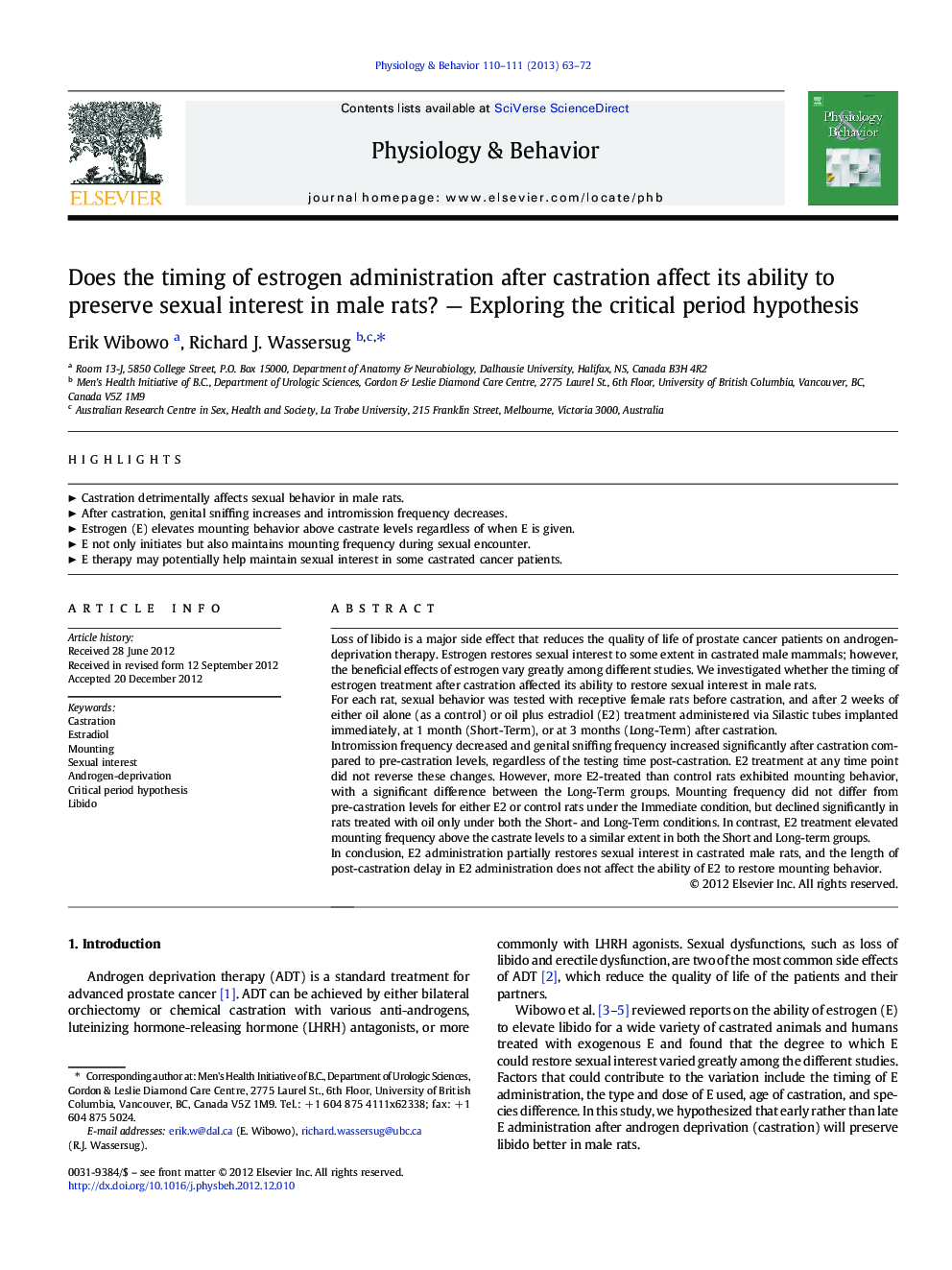 Does the timing of estrogen administration after castration affect its ability to preserve sexual interest in male rats? - Exploring the critical period hypothesis