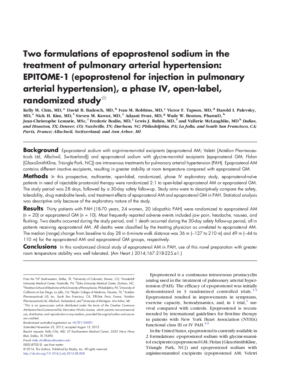 Two formulations of epoprostenol sodium in the treatment of pulmonary arterial hypertension: EPITOME-1 (epoprostenol for injection in pulmonary arterial hypertension), a phase IV, open-label, randomized study