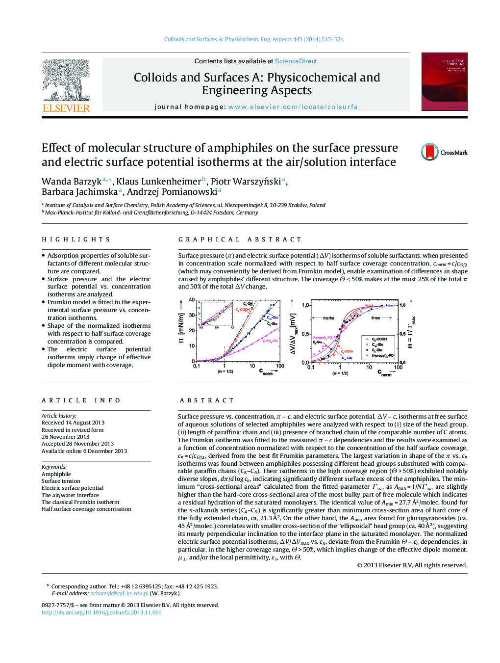 Effect of molecular structure of amphiphiles on the surface pressure and electric surface potential isotherms at the air/solution interface