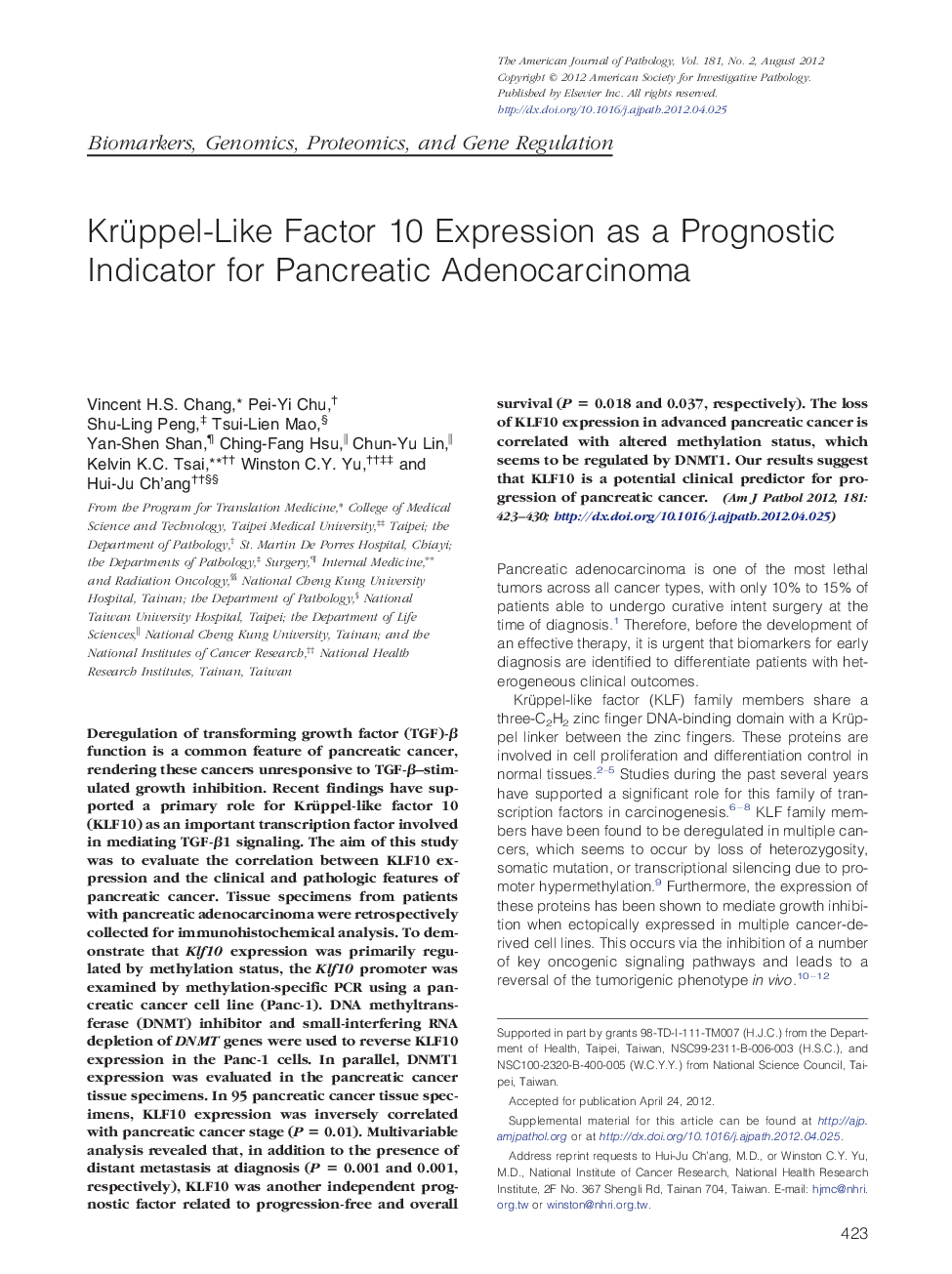 Krüppel-Like Factor 10 Expression as a Prognostic Indicator for Pancreatic Adenocarcinoma