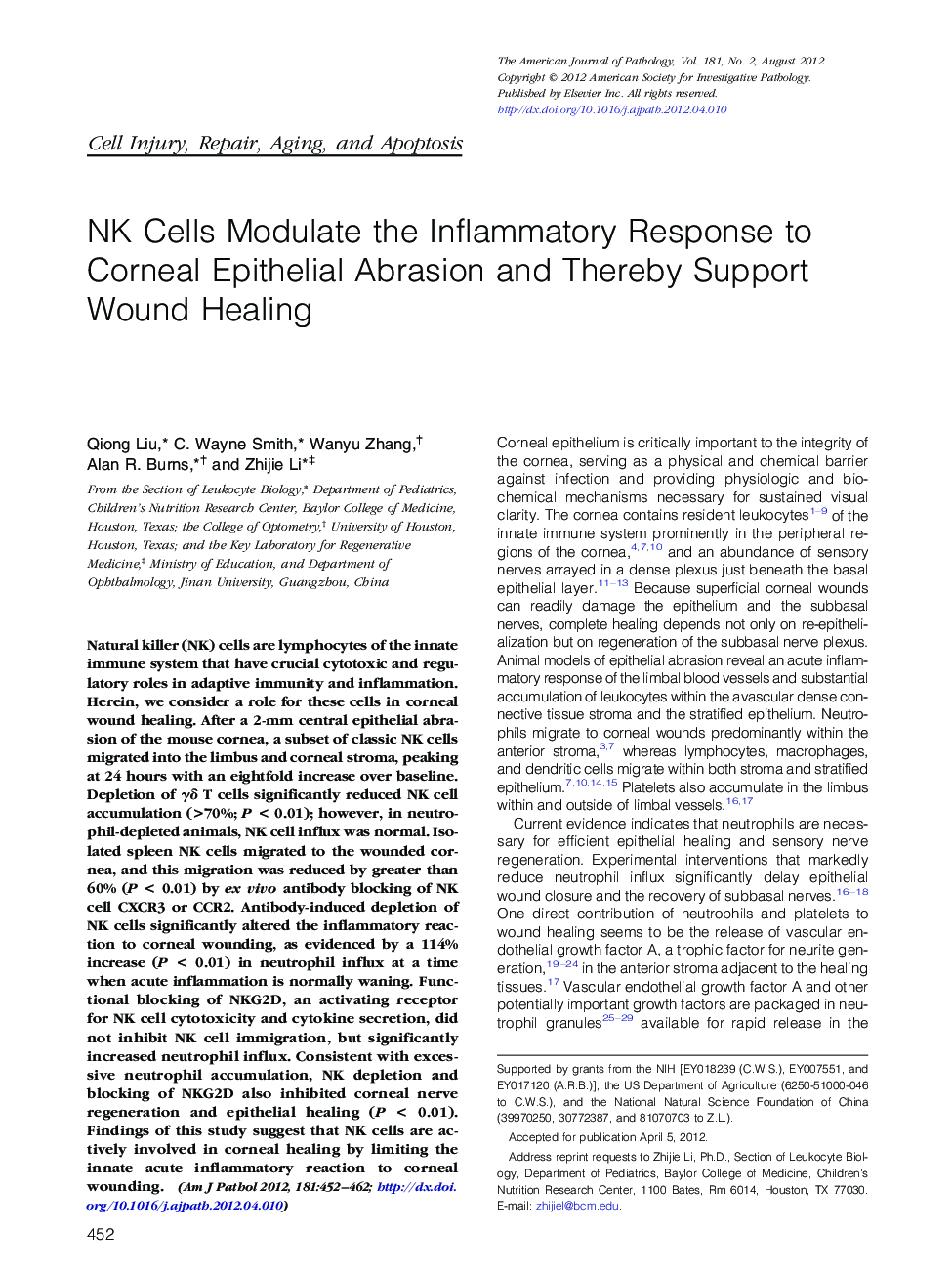 Regular articleCell injury, repair, aging, and apoptosisNK Cells Modulate the Inflammatory Response to Corneal Epithelial Abrasion and Thereby Support Wound Healing