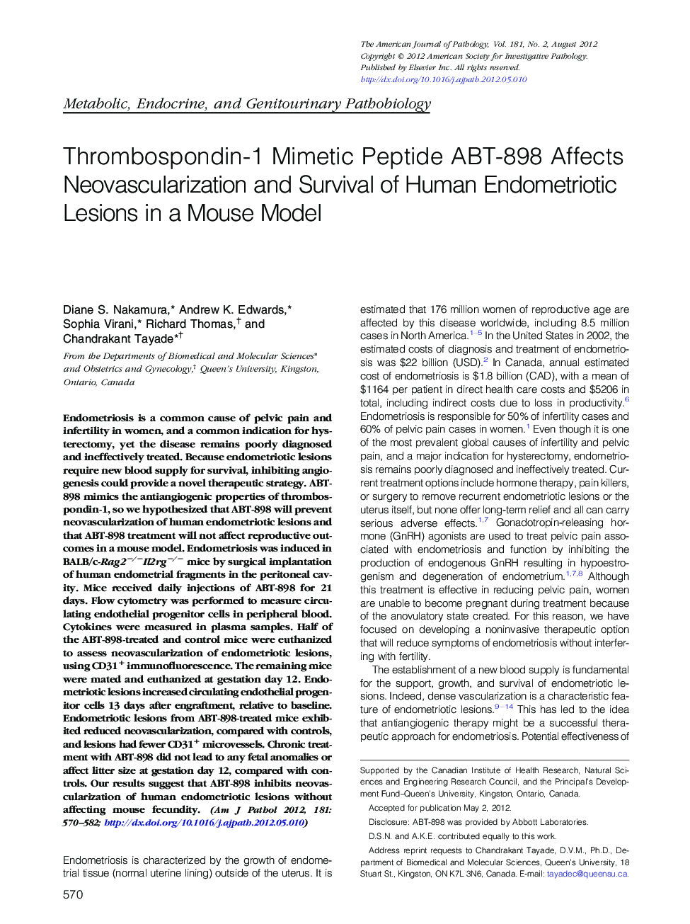 Thrombospondin-1 Mimetic Peptide ABT-898 Affects Neovascularization and Survival of Human Endometriotic Lesions in a Mouse Model