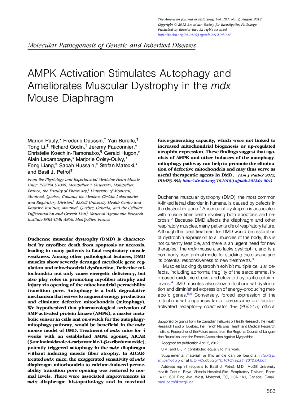 AMPK Activation Stimulates Autophagy and Ameliorates Muscular Dystrophy in the mdx Mouse Diaphragm