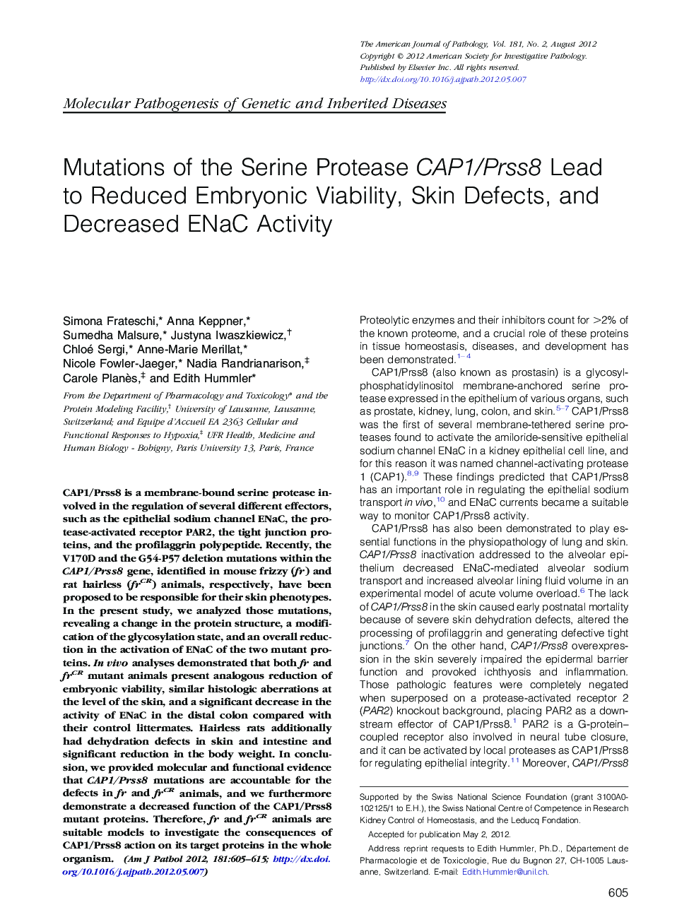 Mutations of the Serine Protease CAP1/Prss8 Lead to Reduced Embryonic Viability, Skin Defects, and Decreased ENaC Activity