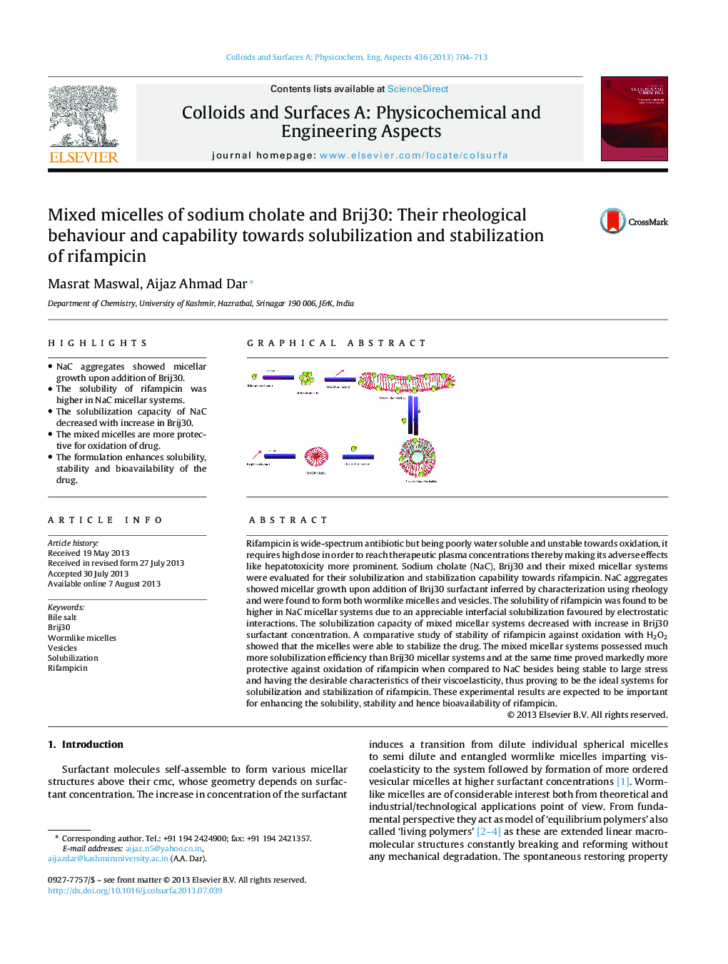 Mixed micelles of sodium cholate and Brij30: Their rheological behaviour and capability towards solubilization and stabilization of rifampicin