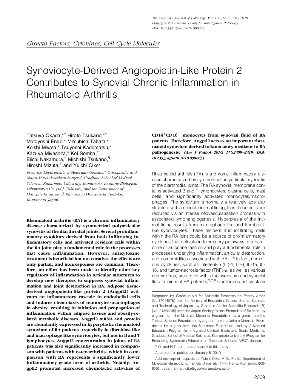 Synoviocyte-Derived Angiopoietin-Like Protein 2 Contributes to Synovial Chronic Inflammation in Rheumatoid Arthritis