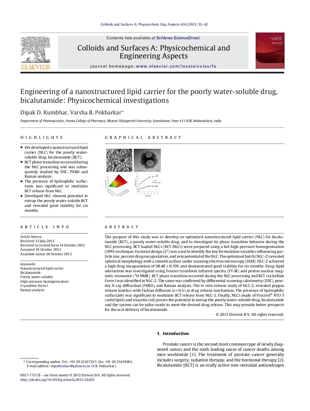 Engineering of a nanostructured lipid carrier for the poorly water-soluble drug, bicalutamide: Physicochemical investigations