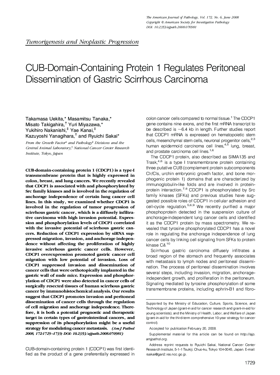 CUB-Domain-Containing Protein 1 Regulates Peritoneal Dissemination of Gastric Scirrhous Carcinoma