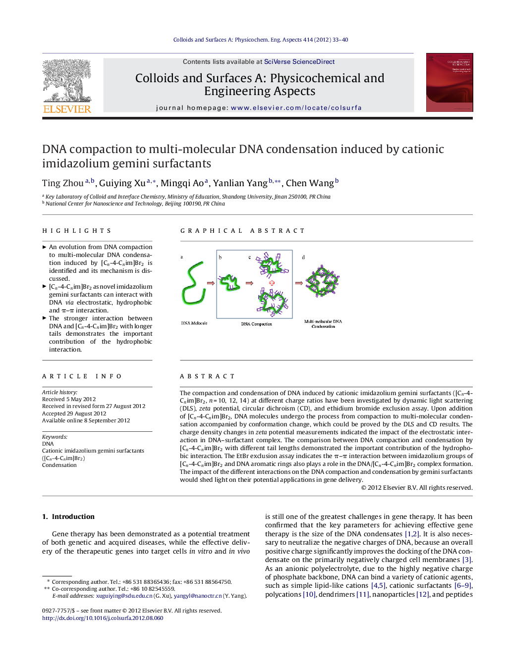 DNA compaction to multi-molecular DNA condensation induced by cationic imidazolium gemini surfactants