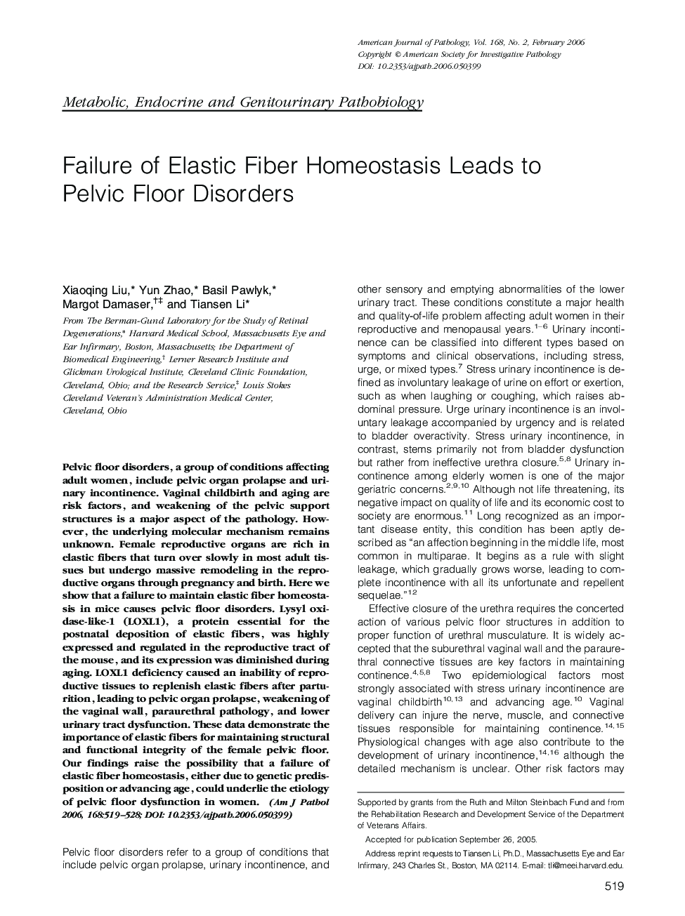 Failure of Elastic Fiber Homeostasis Leads to Pelvic Floor Disorders