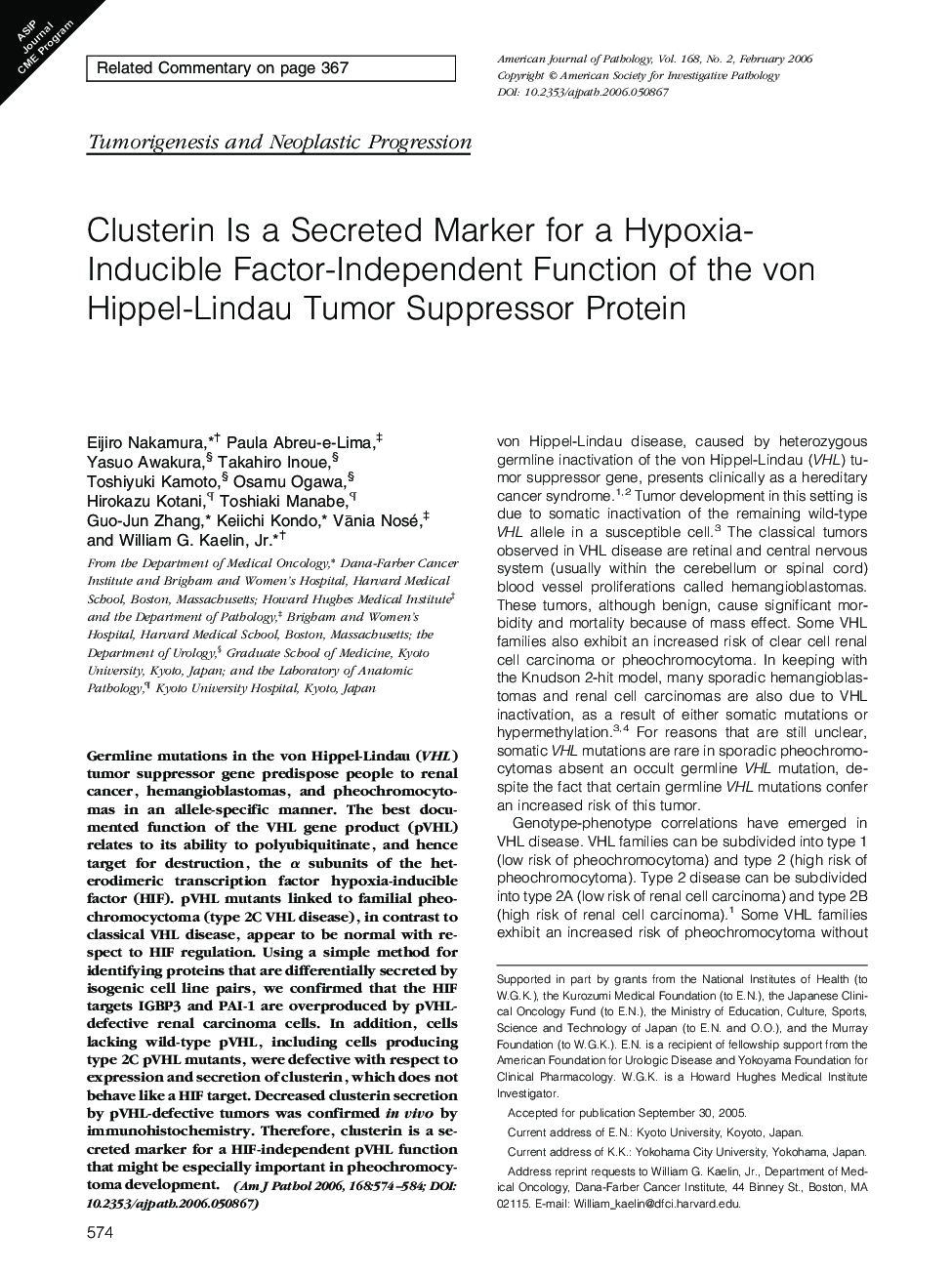 Clusterin Is a Secreted Marker for a Hypoxia-Inducible Factor-Independent Function of the von Hippel-Lindau Tumor Suppressor Protein