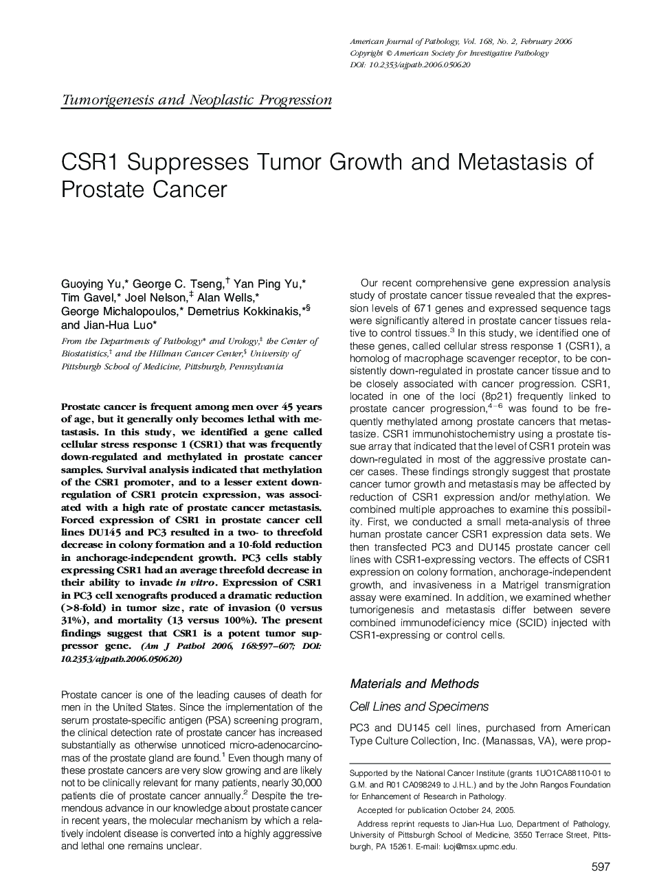 CSR1 Suppresses Tumor Growth and Metastasis of Prostate Cancer