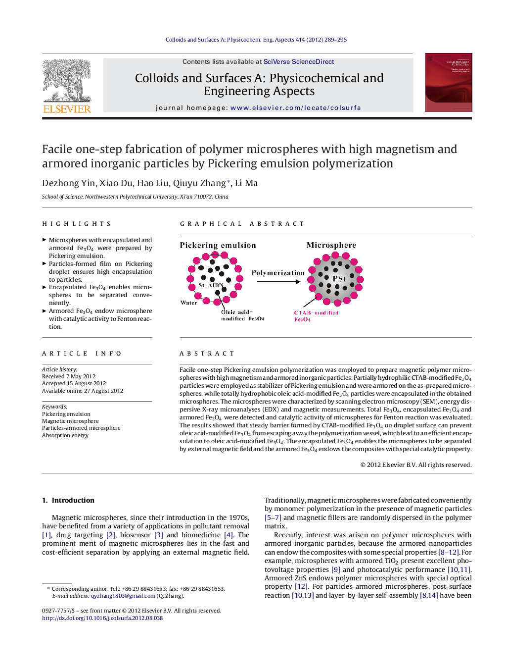 Facile one-step fabrication of polymer microspheres with high magnetism and armored inorganic particles by Pickering emulsion polymerization