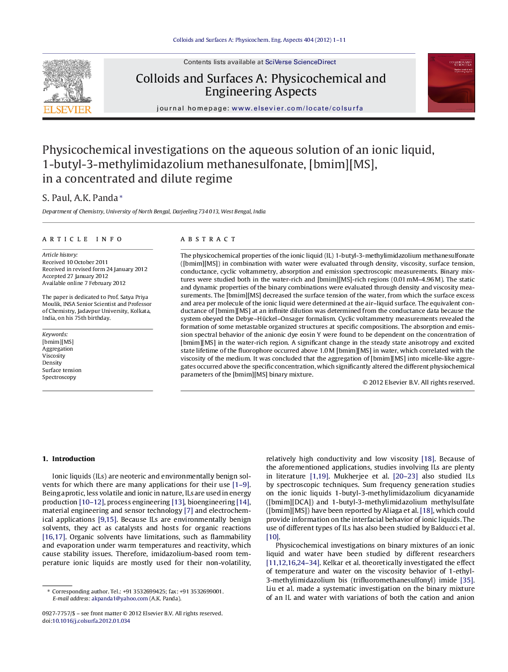 Physicochemical investigations on the aqueous solution of an ionic liquid, 1-butyl-3-methylimidazolium methanesulfonate, [bmim][MS], in a concentrated and dilute regime