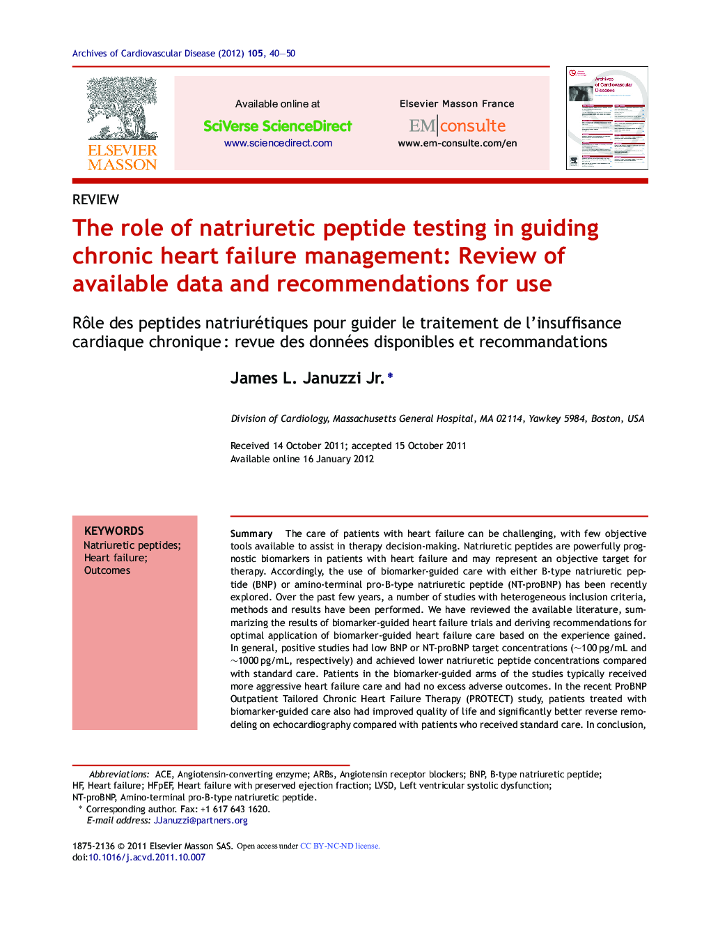 The role of natriuretic peptide testing in guiding chronic heart failure management: Review of available data and recommendations for use