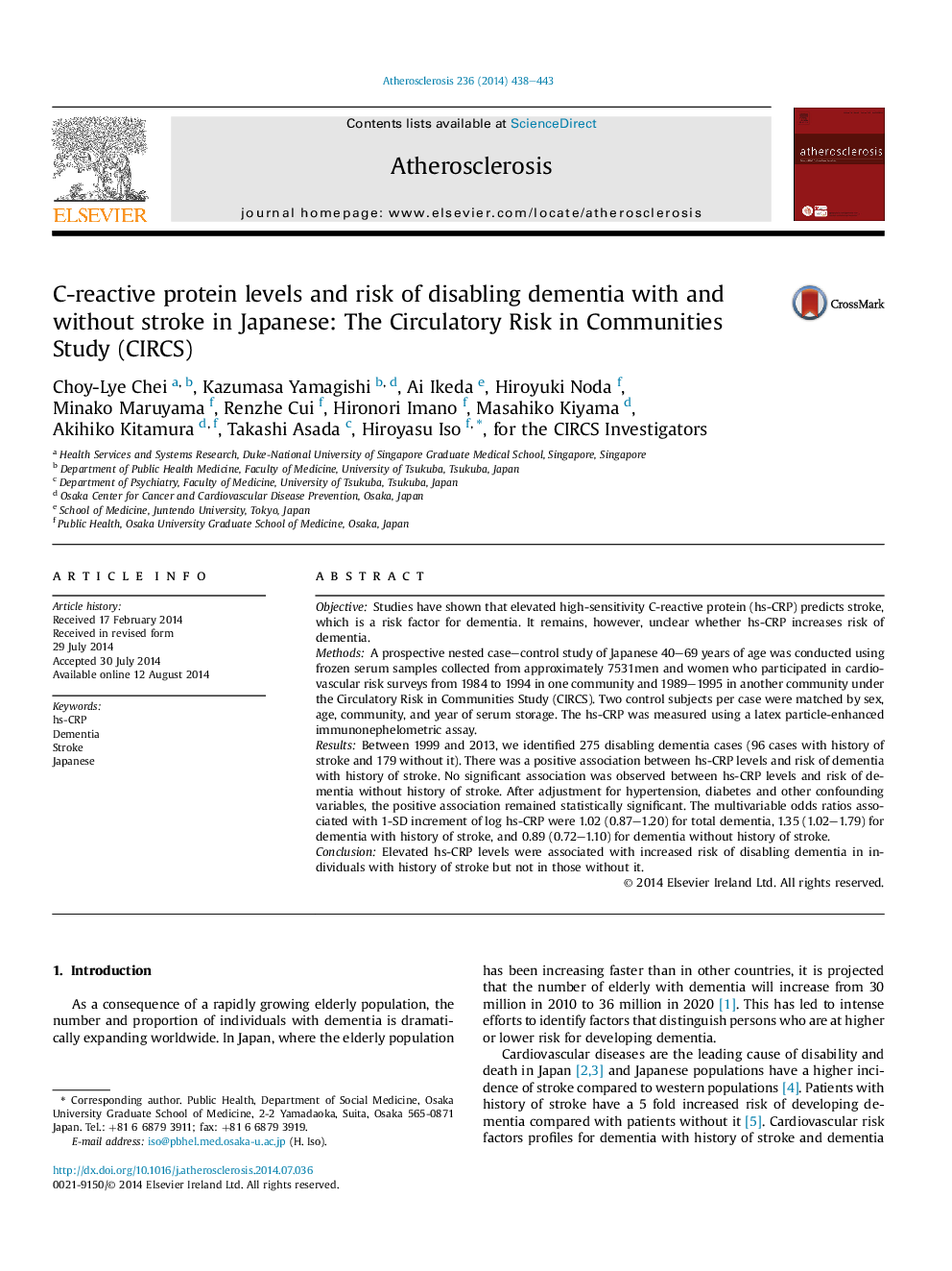 C-reactive protein levels and risk of disabling dementia with and without stroke in Japanese: The Circulatory Risk in Communities Study (CIRCS)