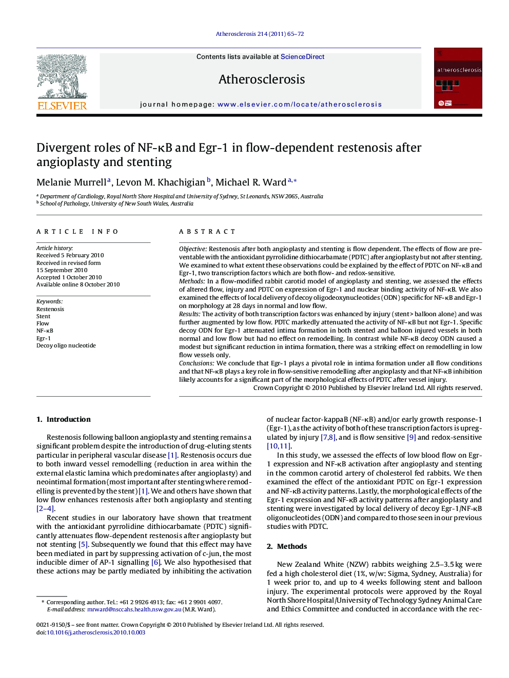 Divergent roles of NF-ÎºB and Egr-1 in flow-dependent restenosis after angioplasty and stenting