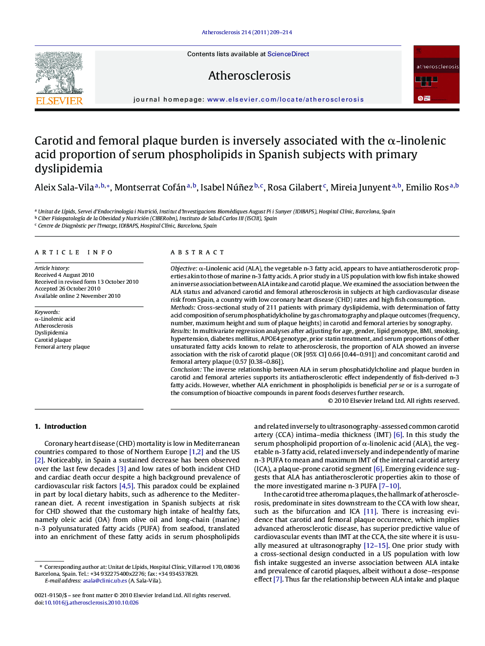 Carotid and femoral plaque burden is inversely associated with the Î±-linolenic acid proportion of serum phospholipids in Spanish subjects with primary dyslipidemia