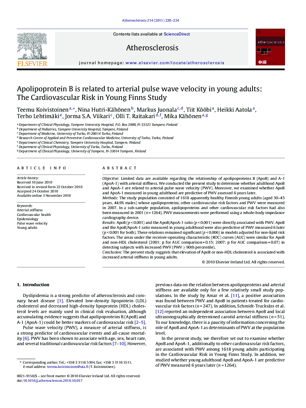 Apolipoprotein B is related to arterial pulse wave velocity in young adults: The Cardiovascular Risk in Young Finns Study