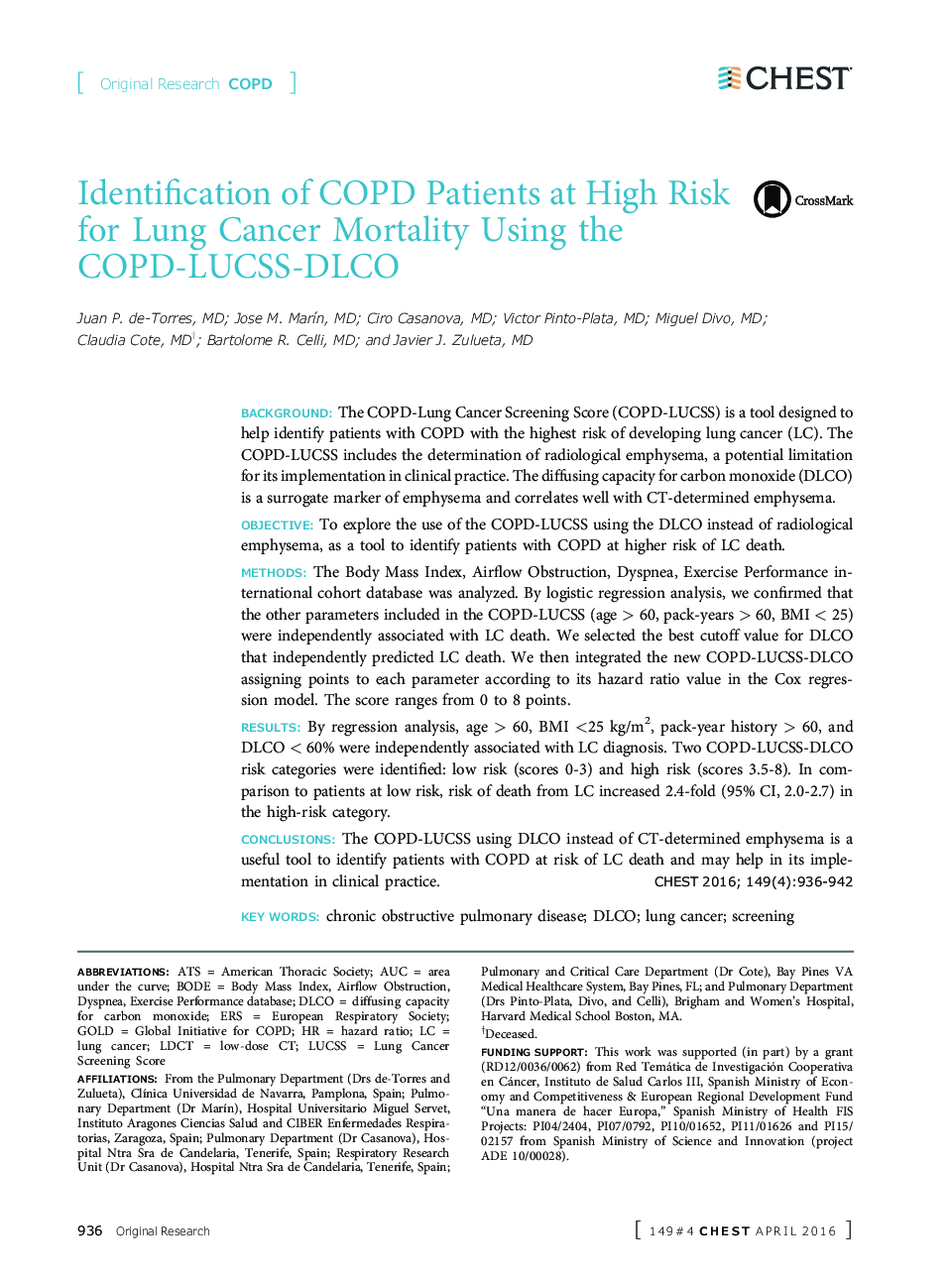 Identification of COPD Patients at High Risk for Lung Cancer Mortality Using the COPD-LUCSS-DLCO