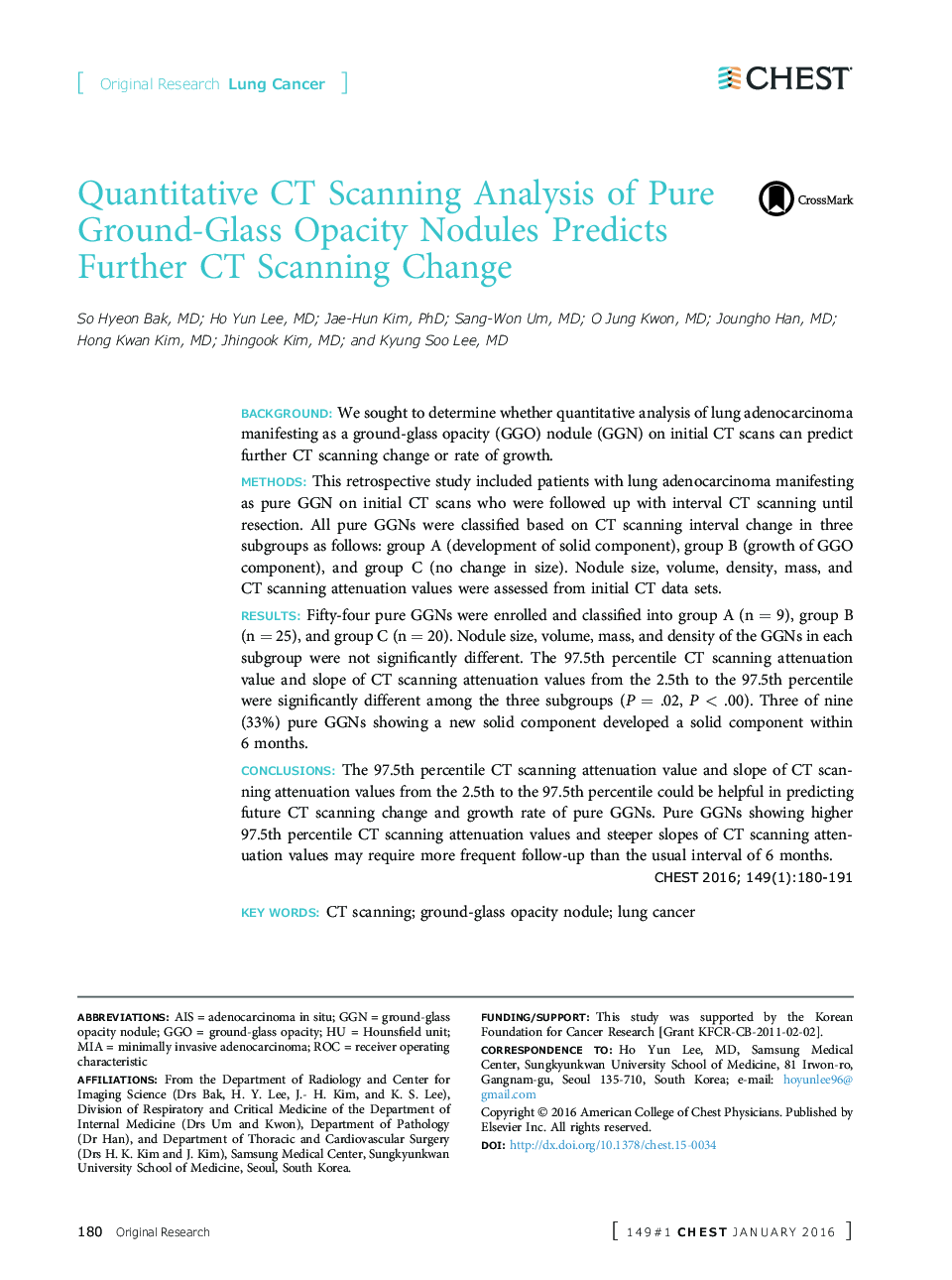 Original Research: Lung CancerQuantitative CT Scanning Analysis of Pure Ground-Glass Opacity Nodules Predicts Further CT Scanning Change
