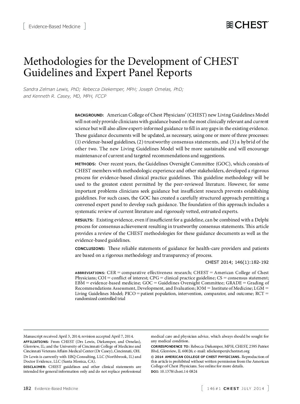Methodologies for the Development of CHEST Guidelines and Expert Panel Reports
