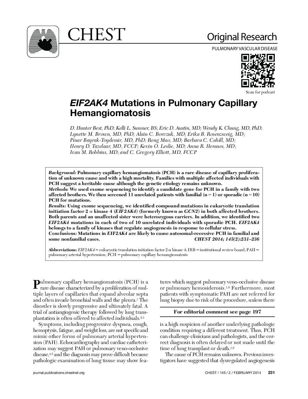 Original Research: Pulmonary Vascular Disease: FeaturedEIF2AK4 Mutations in Pulmonary Capillary Hemangiomatosis