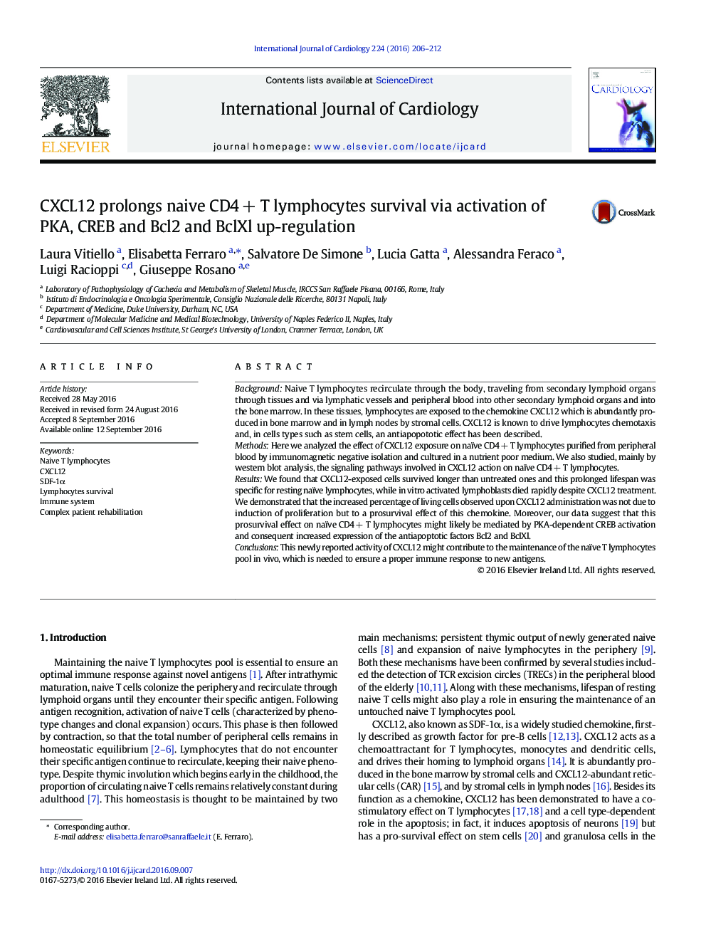 CXCL12 prolongs naive CD4 + T lymphocytes survival via activation of PKA, CREB and Bcl2 and BclXl up-regulation