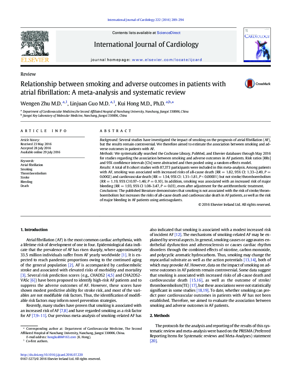 رابطه بین سیگار کشیدن و پیامدهای ناگوار در بیماران مبتلا به فیبریلاسیون دهلیزی: یک متاآنالیز و بررسی سیستماتیک 