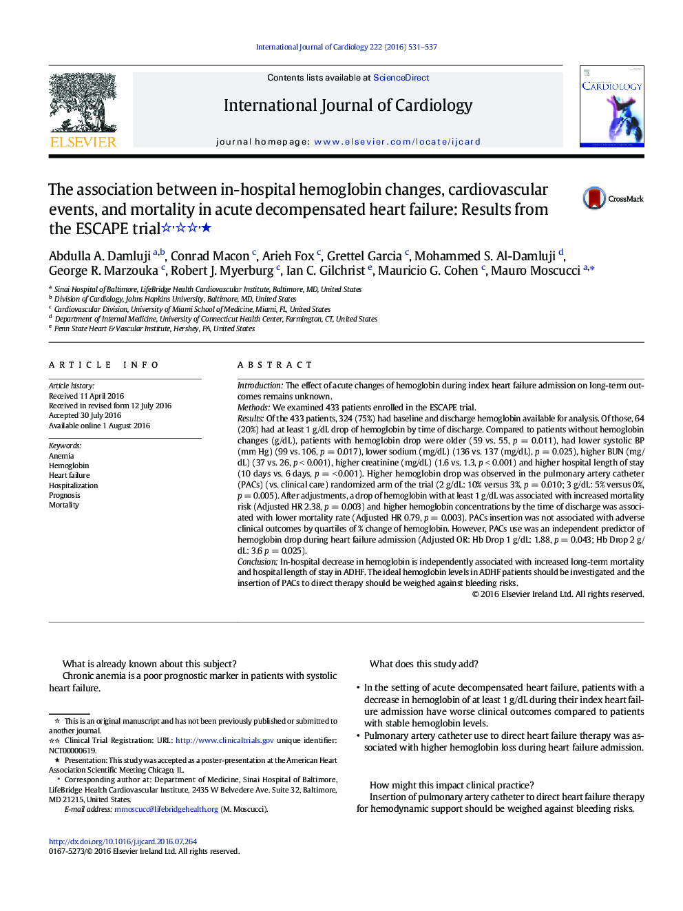 The association between in-hospital hemoglobin changes, cardiovascular events, and mortality in acute decompensated heart failure: Results from the ESCAPE trialâ