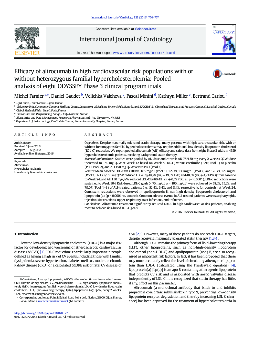 Efficacy of alirocumab in high cardiovascular risk populations with or without heterozygous familial hypercholesterolemia: Pooled analysis of eight ODYSSEY Phase 3 clinical program trials