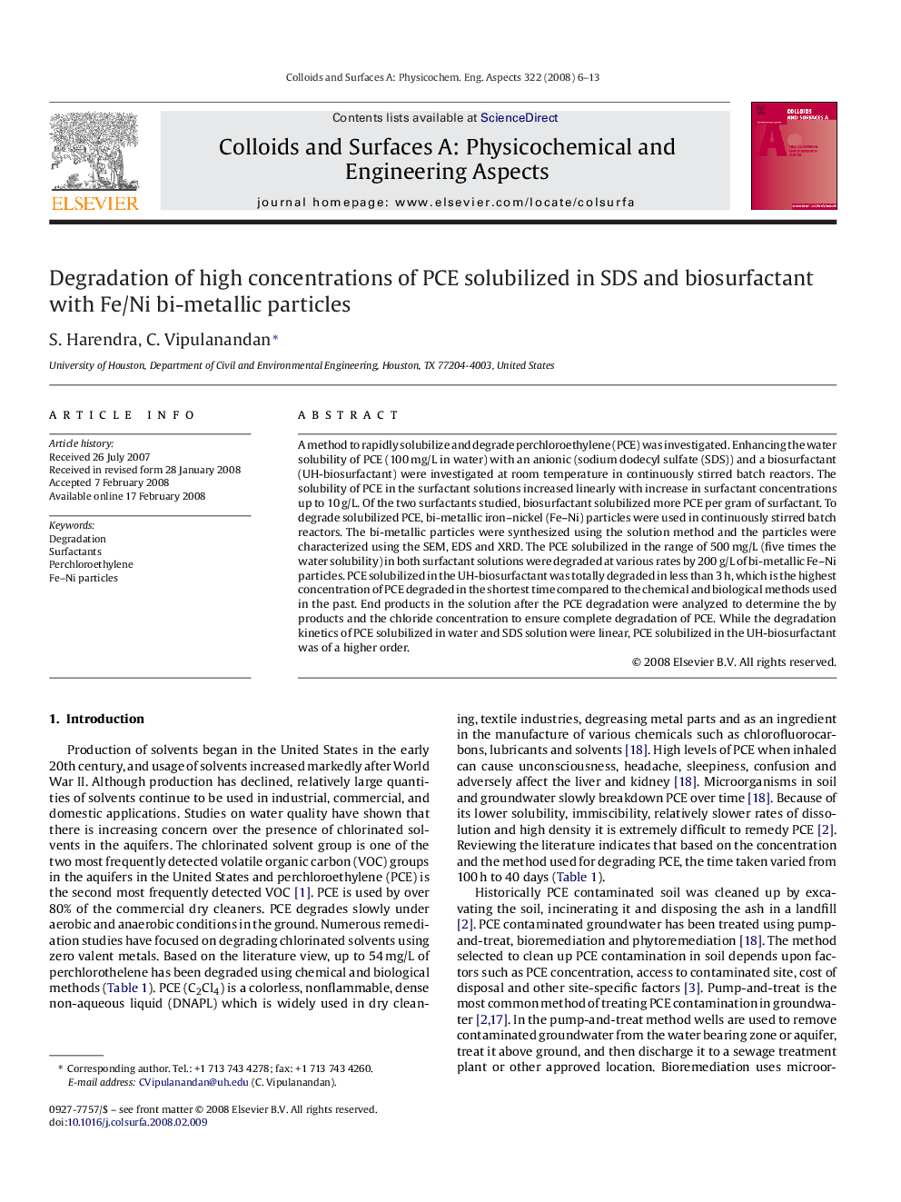 Degradation of high concentrations of PCE solubilized in SDS and biosurfactant with Fe/Ni bi-metallic particles