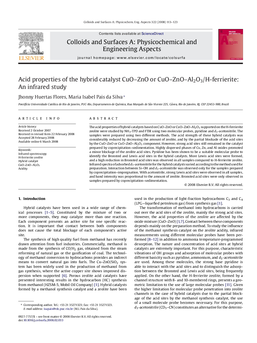 Acid properties of the hybrid catalyst CuO–ZnO or CuO–ZnO–Al2O3/H-ferrierite: An infrared study