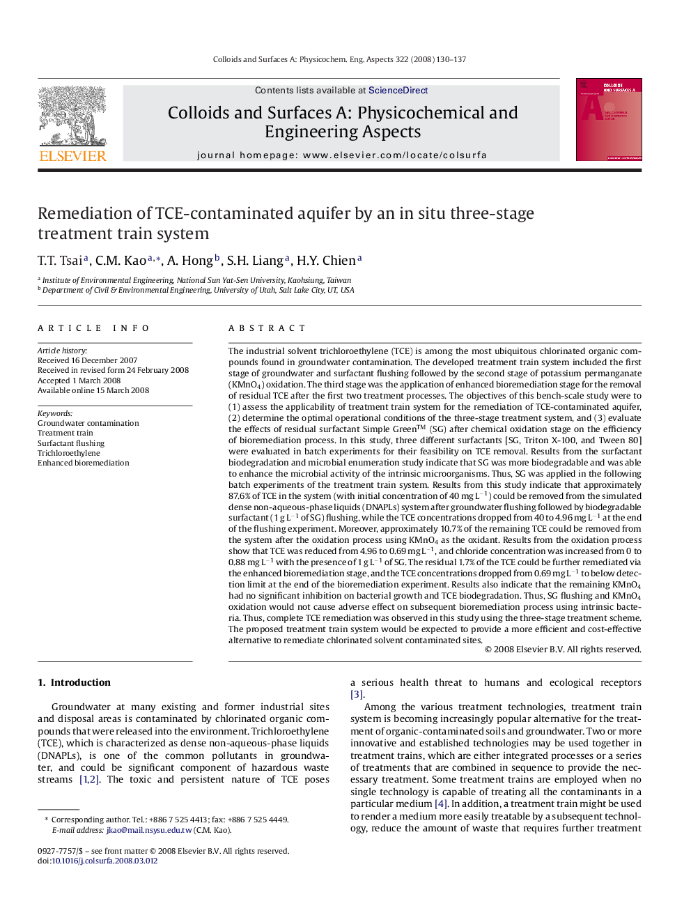 Remediation of TCE-contaminated aquifer by an in situ three-stage treatment train system