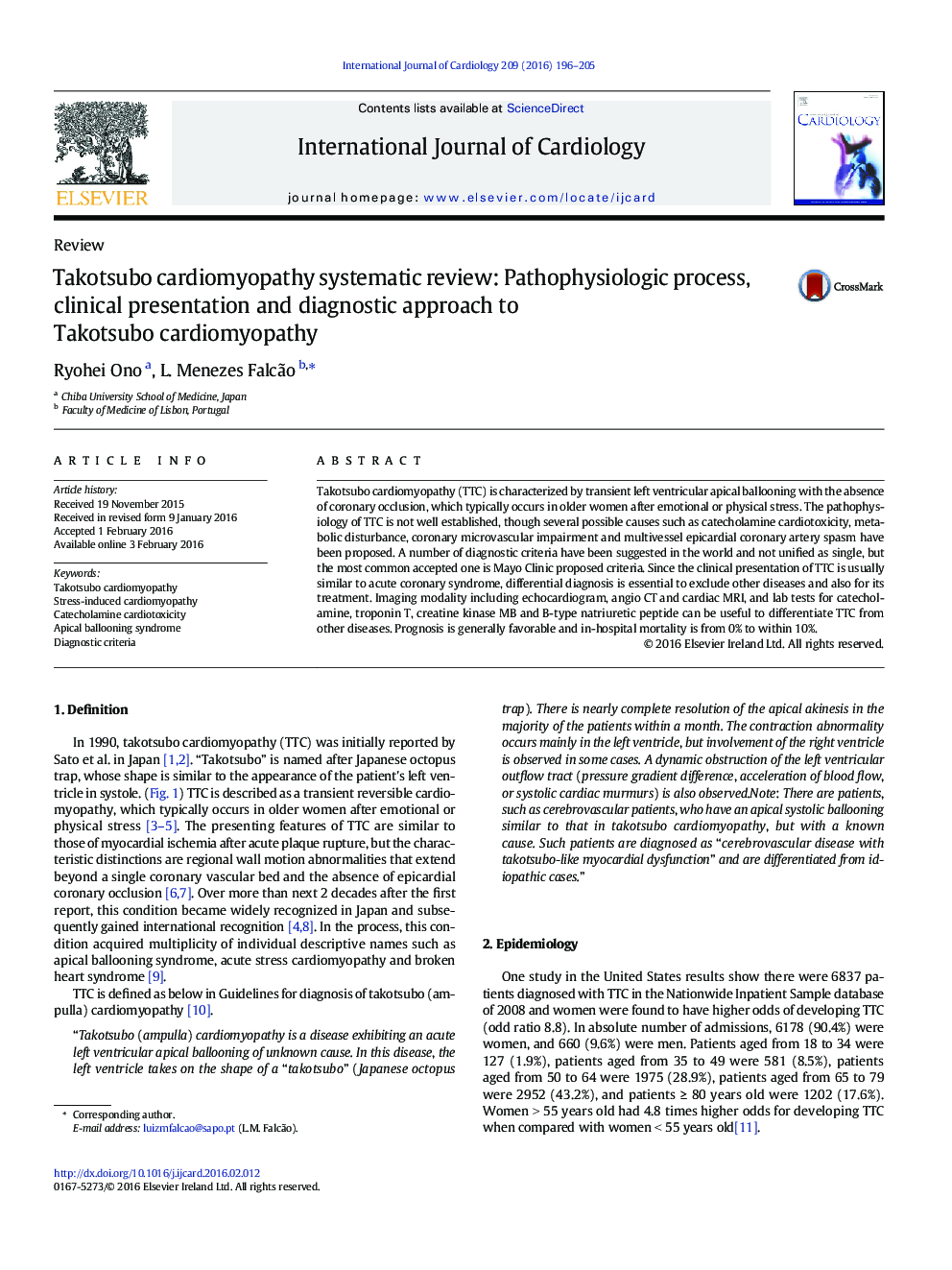 Takotsubo cardiomyopathy systematic review: Pathophysiologic process, clinical presentation and diagnostic approach to Takotsubo cardiomyopathy