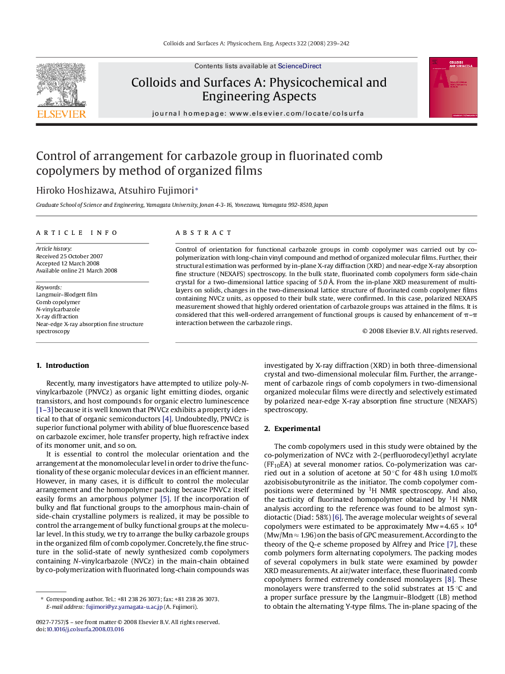 Control of arrangement for carbazole group in fluorinated comb copolymers by method of organized films