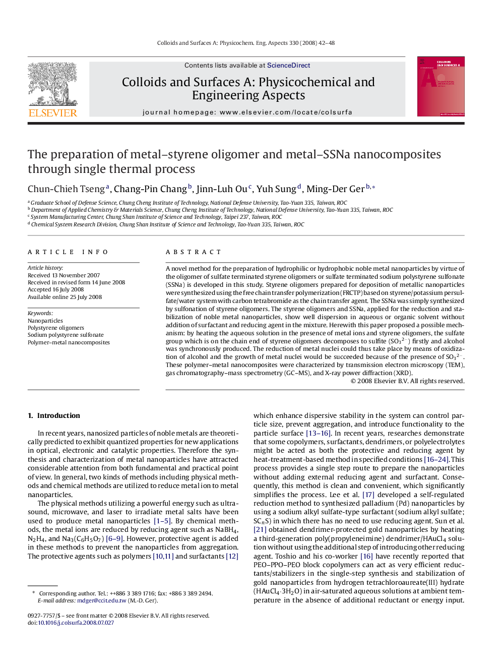 The preparation of metal–styrene oligomer and metal–SSNa nanocomposites through single thermal process