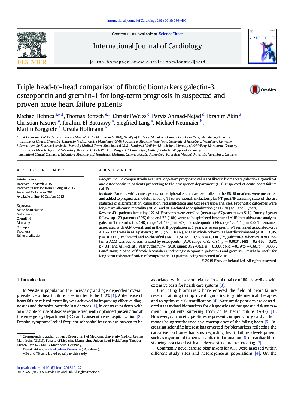 Triple head-to-head comparison of fibrotic biomarkers galectin-3, osteopontin and gremlin-1 for long-term prognosis in suspected and proven acute heart failure patients