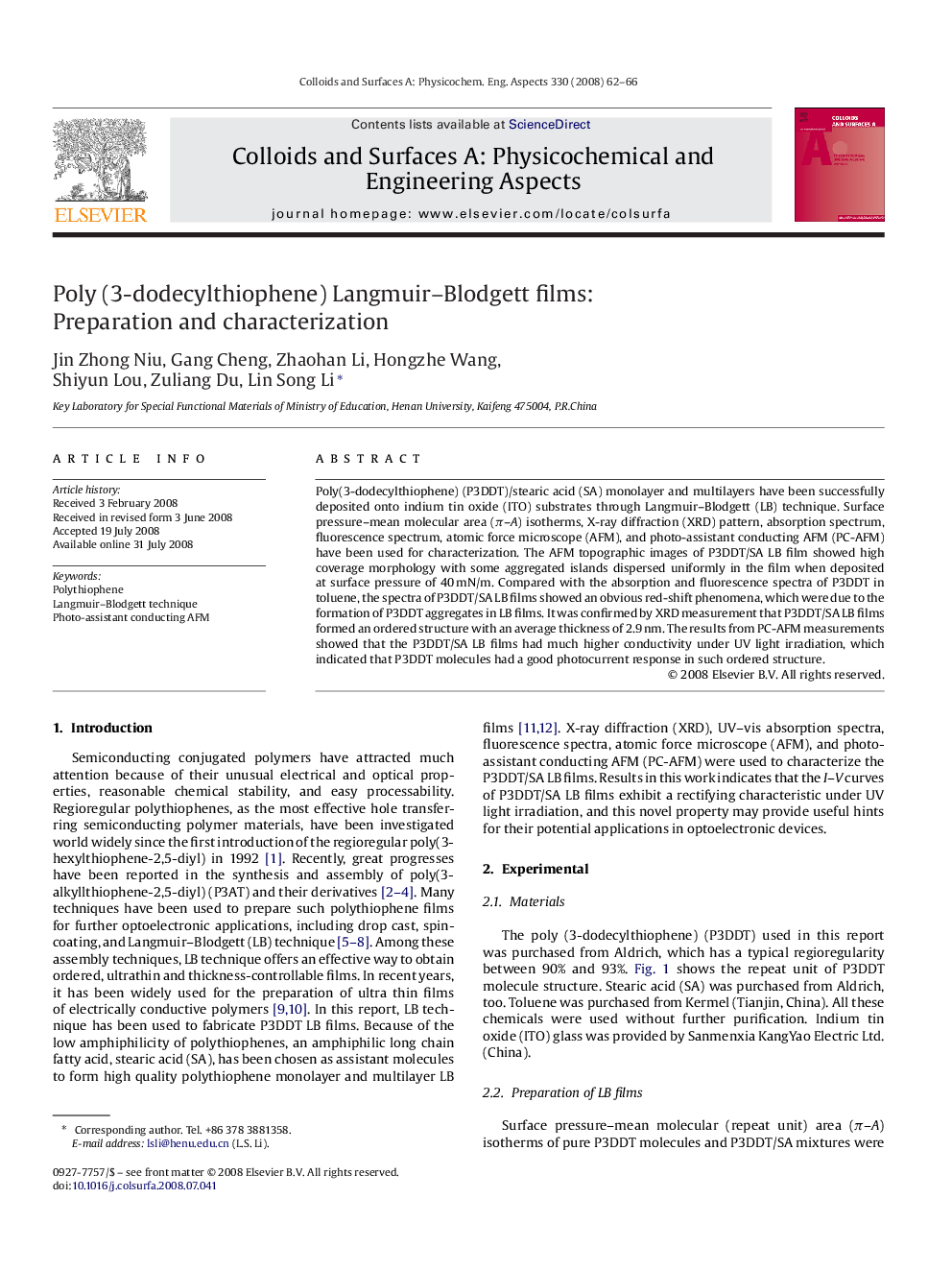 Poly (3-dodecylthiophene) Langmuir–Blodgett films: Preparation and characterization