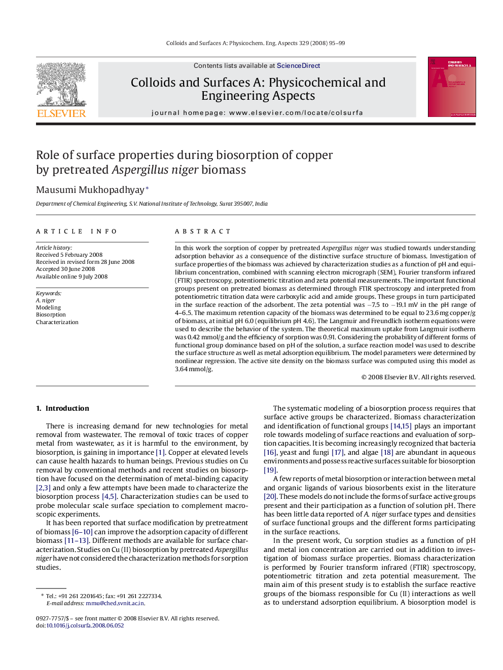 Role of surface properties during biosorption of copper by pretreated Aspergillus niger biomass