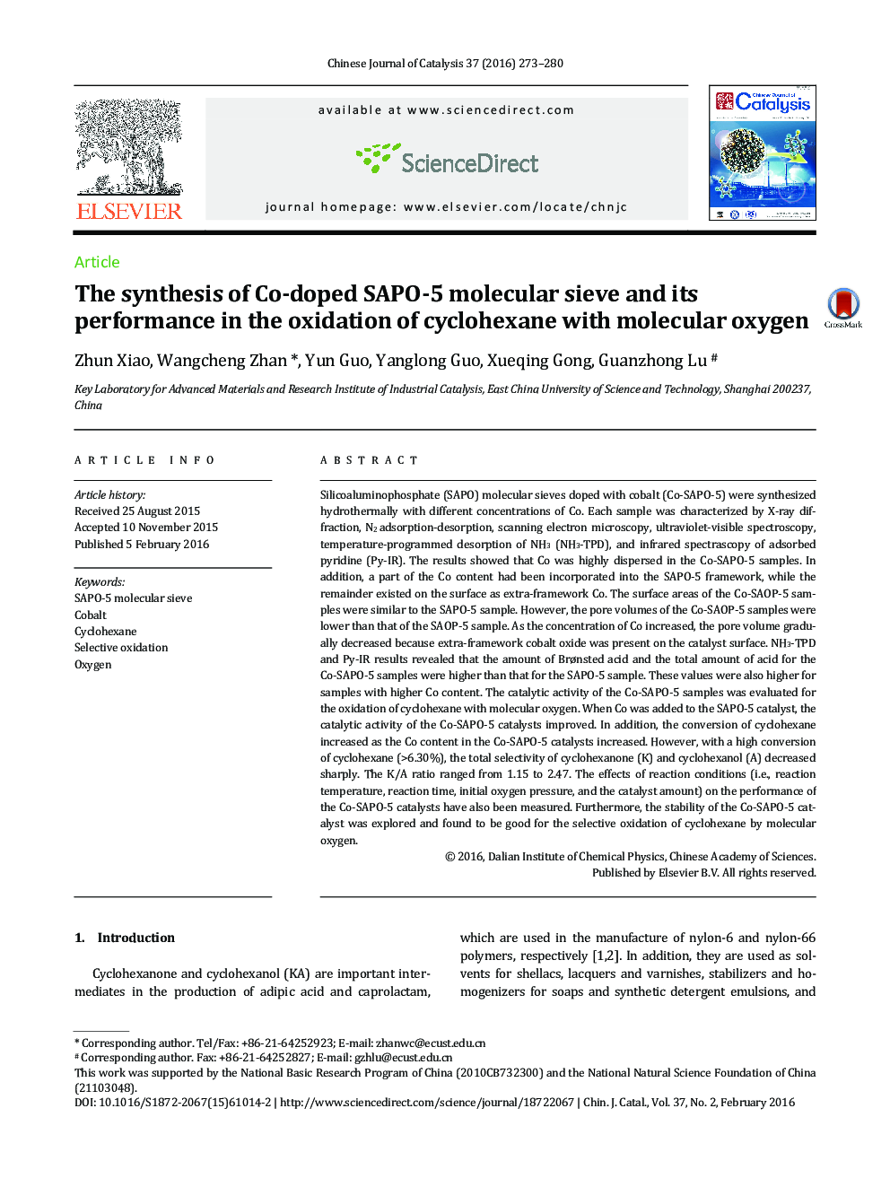 The synthesis of Co-doped SAPO-5 molecular sieve and its performance in the oxidation of cyclohexane with molecular oxygen 