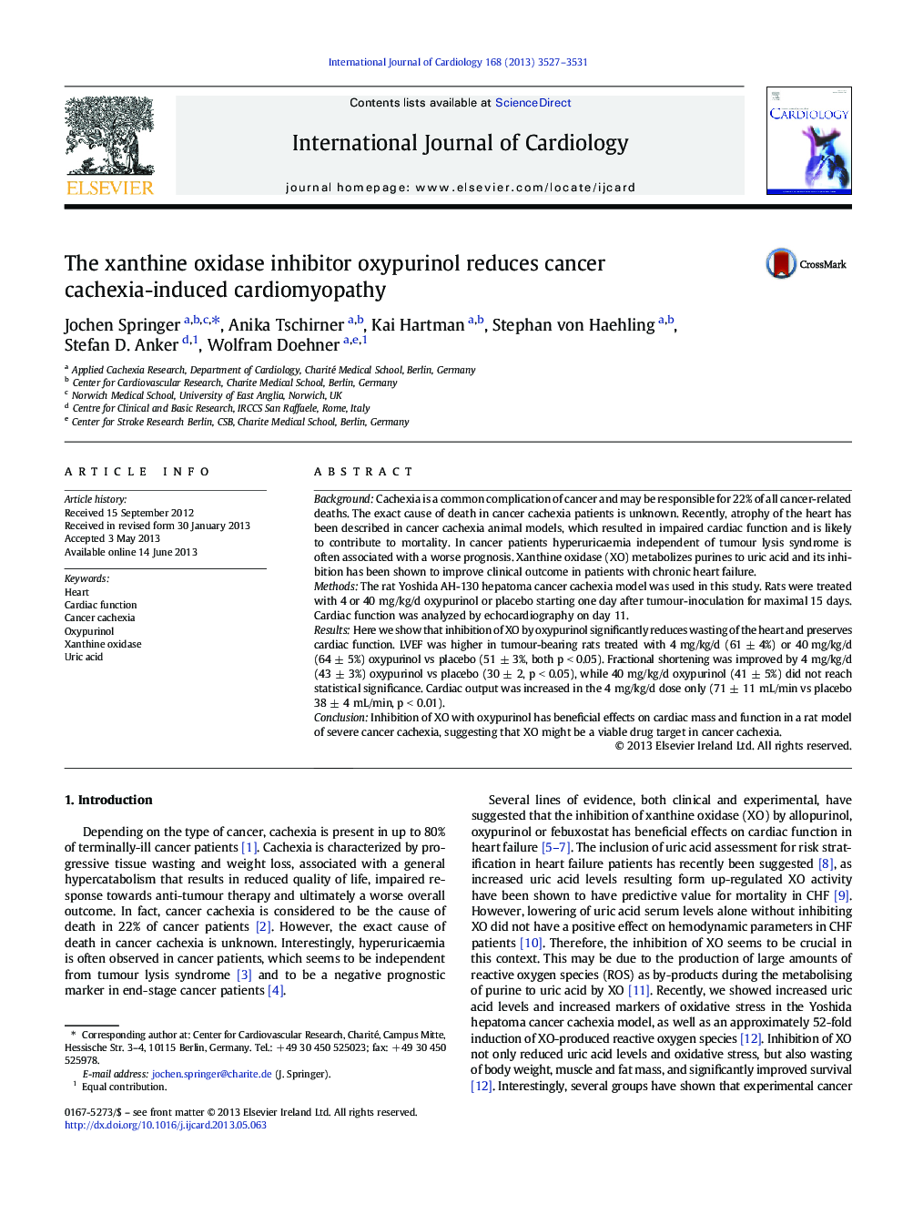 The xanthine oxidase inhibitor oxypurinol reduces cancer cachexia-induced cardiomyopathy
